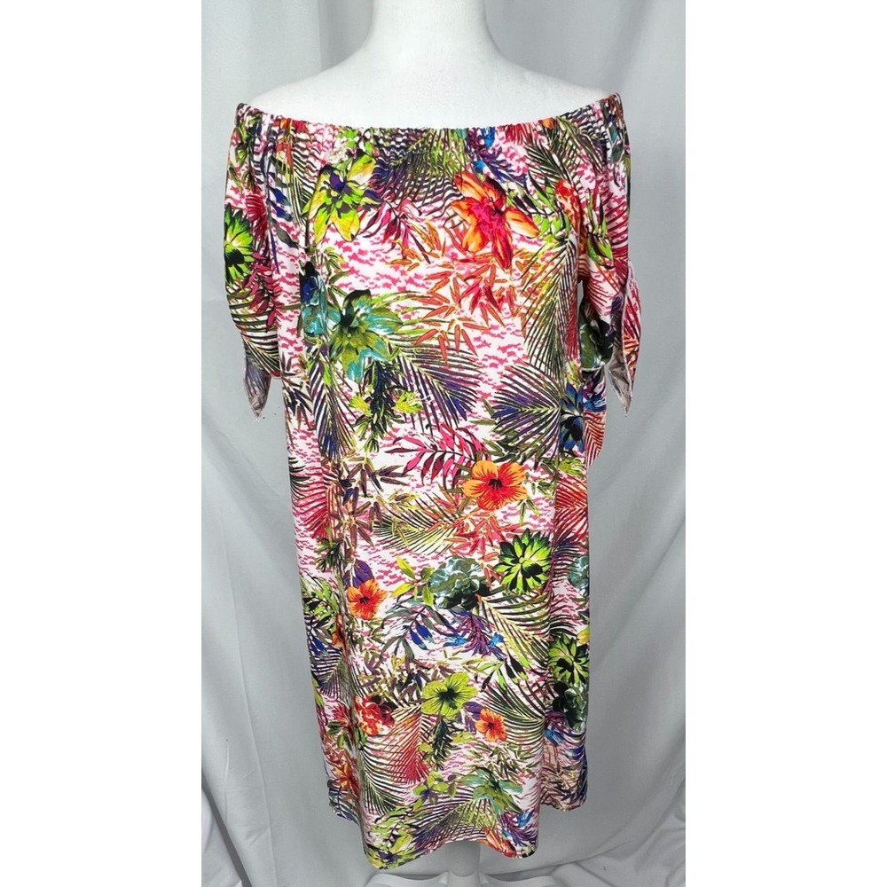 TACERA Off Shoulder Dress Womens Small Multicolor Tropical Floral Print Stretch